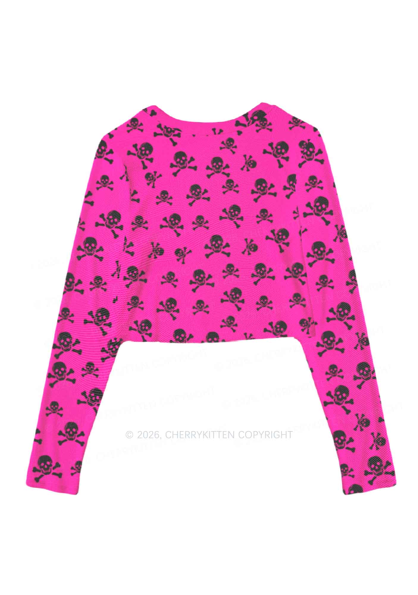 Hot Pink Skulls Y2K Mesh Long Sleeve Crop Top Cherrykitten