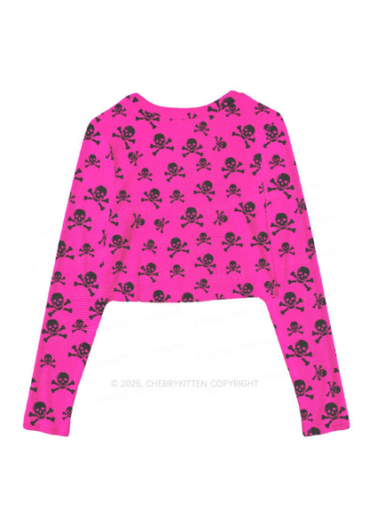 Hot Pink Skulls Y2K Mesh Long Sleeve Crop Top Cherrykitten