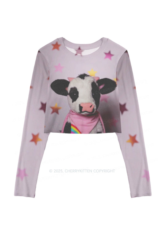 Cow Magic Stars Y2K Mesh Long Sleeve Crop Top Cherrykitten
