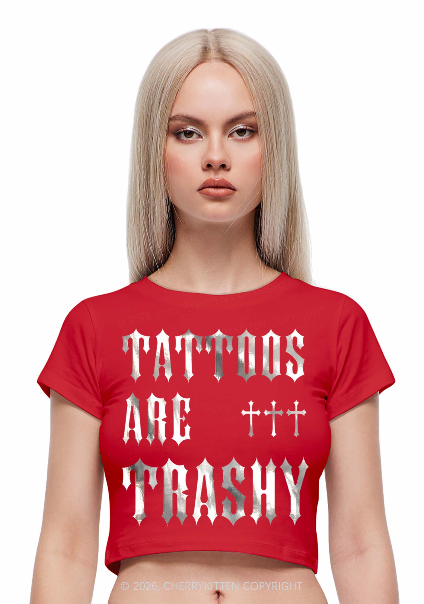 Tattoos Are Trashy Silver Foil Printed Y2K Baby Tee Cherrykitten
