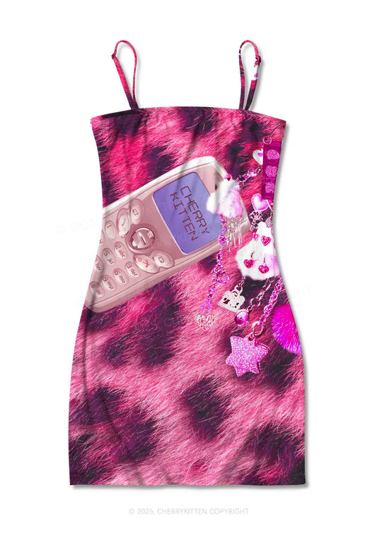 Pink Plush Phone Y2K Print Slip Dress Cherrykitten