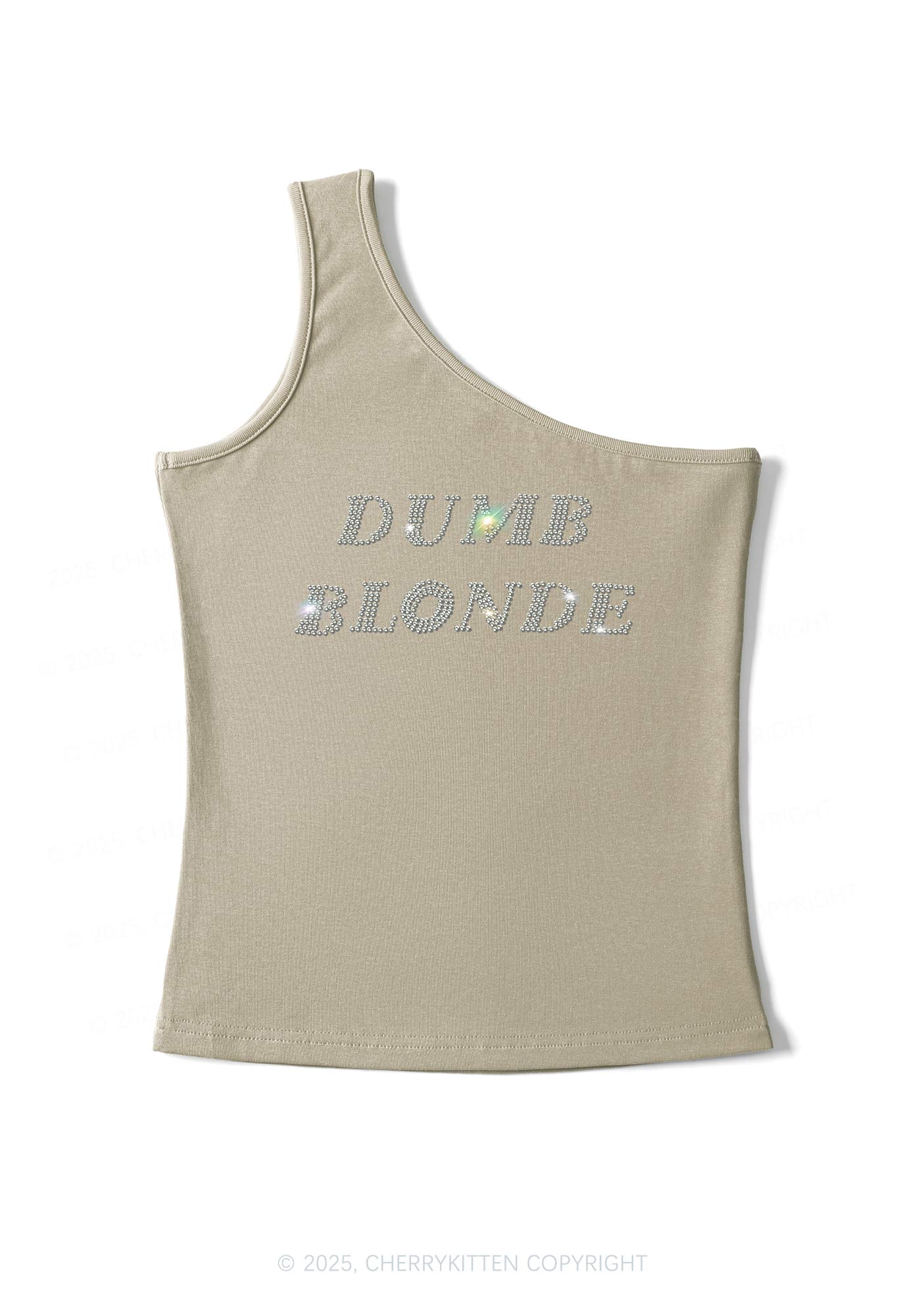 Rhinestone Dumb Blonde Y2K One Shoulder Tank Top Cherrykitten