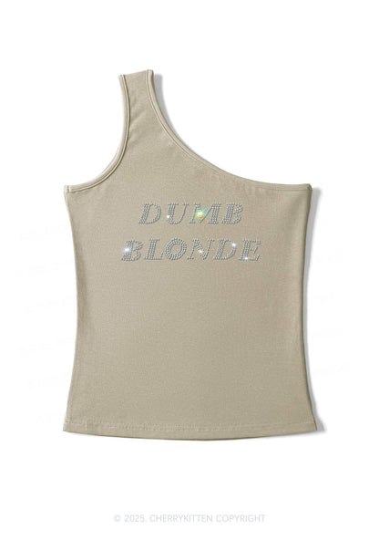 Rhinestone Dumb Blonde Y2K One Shoulder Tank Top Cherrykitten
