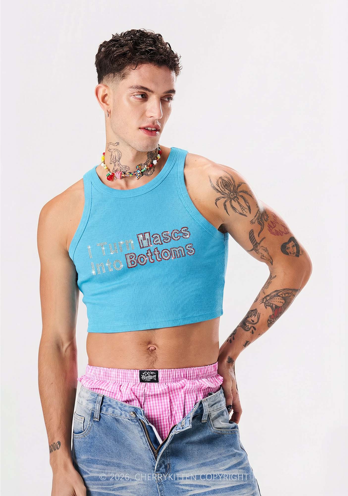 Rhinestone I Turn Mascs Into Bottoms Y2K Crop Tank Top Cherrykitten