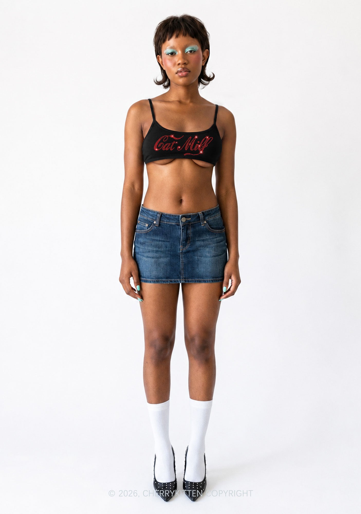 Rhinestone Cat Mxxf Y2K Super Crop Cami Cherrykitten