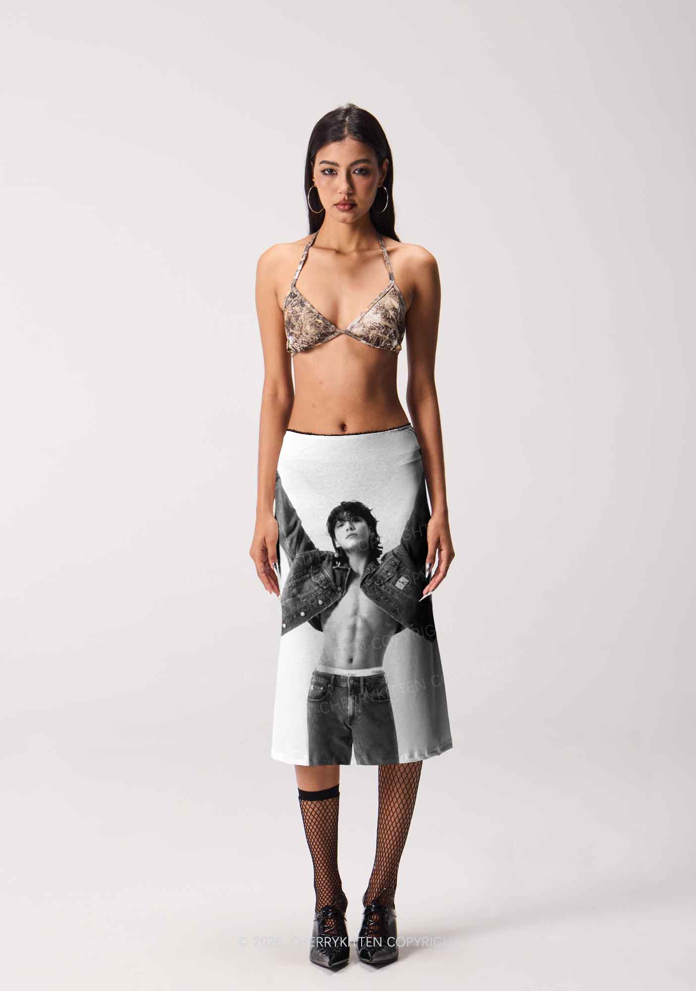 Denim Jacket Kpop Boy Portrait Y2K Print Midi Skirt Cherrykitten