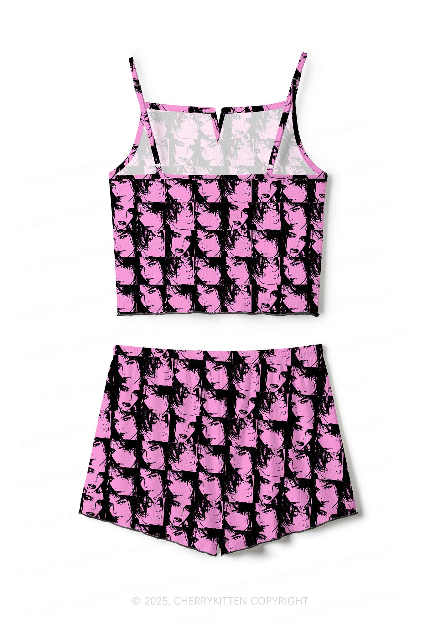 Pink Custom Portrait Valentine's Day Y2K Print Cami Shorts Pajama Set Cherrykitten