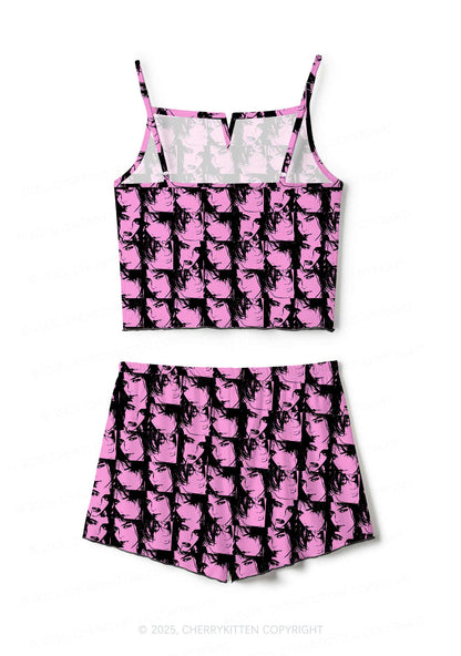 Pink Custom Portrait Valentine's Day Y2K Print Cami Shorts Pajama Set Cherrykitten