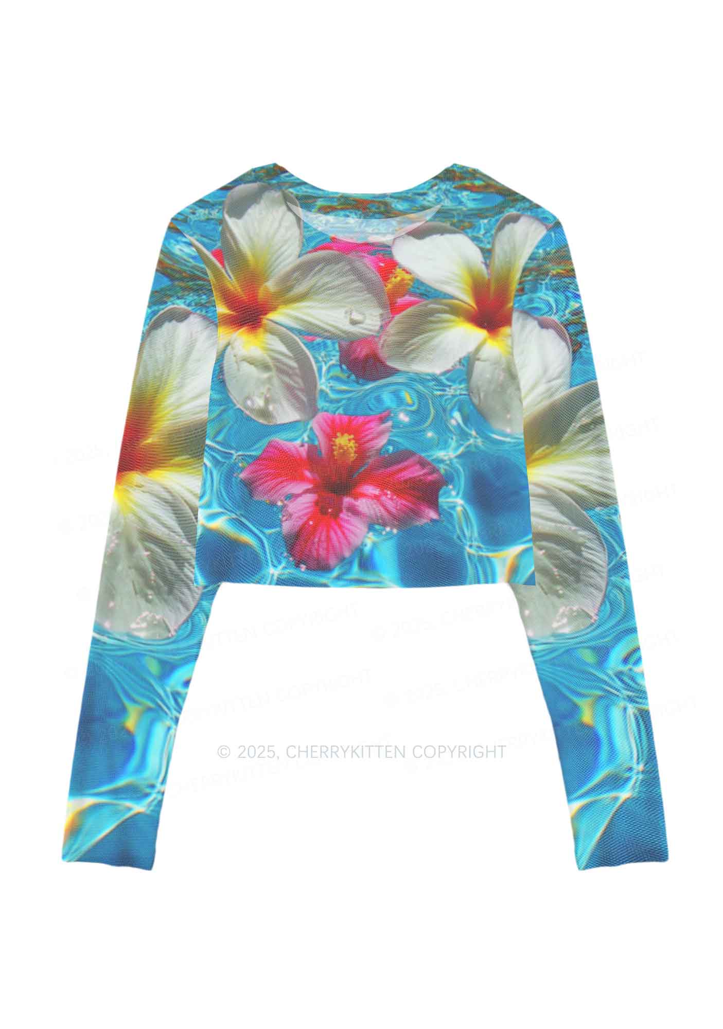 Blooming Floral Y2K Mesh Long Sleeve Crop Top Cherrykitten