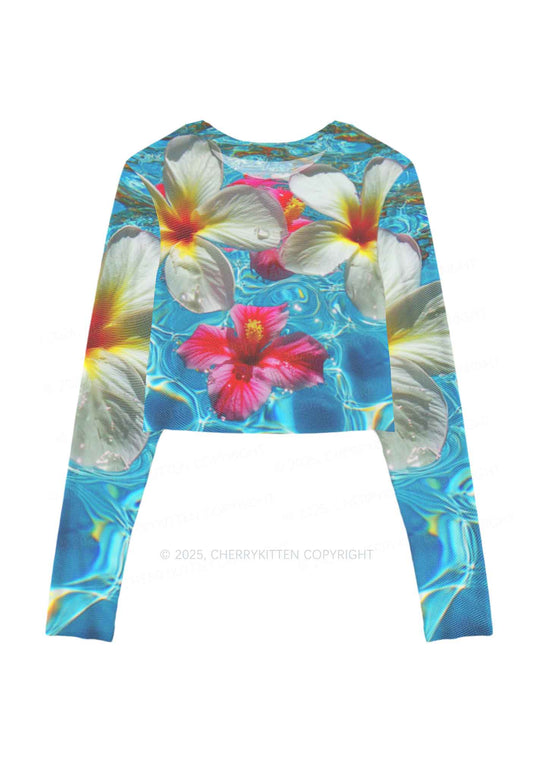 Blooming Floral Y2K Mesh Long Sleeve Crop Top Cherrykitten