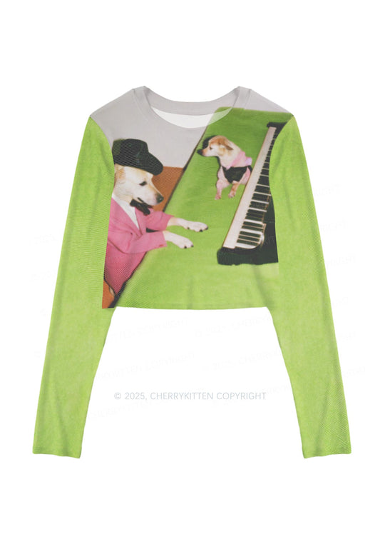 Piano Pups Y2K Mesh Long Sleeve Crop Top Cherrykitten