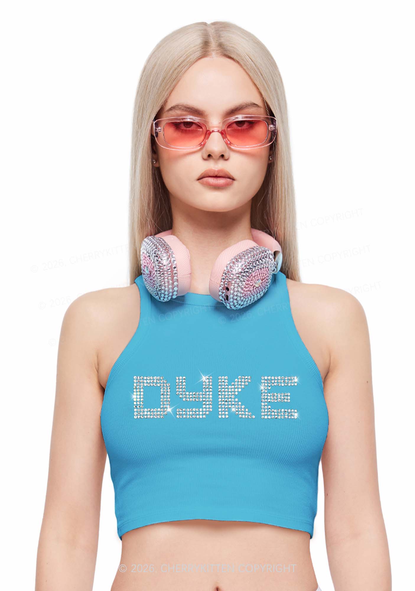 Rhinestone Dyke Pride Y2K Crop Tank Top Cherrykitten