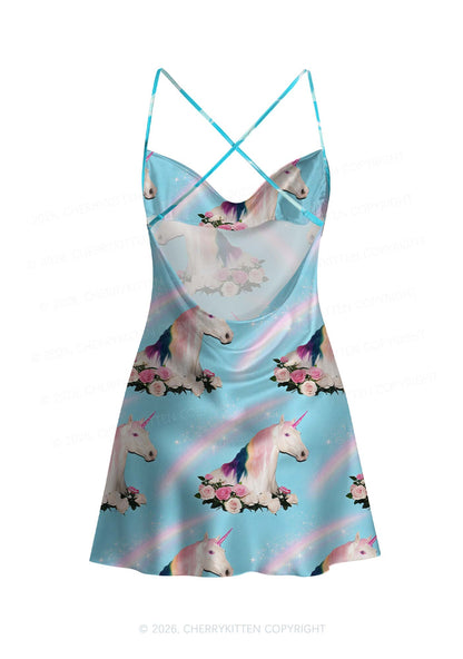 Blue Unicorn Y2K Print Satin Cowl Neck Slip Dress Cherrykitten
