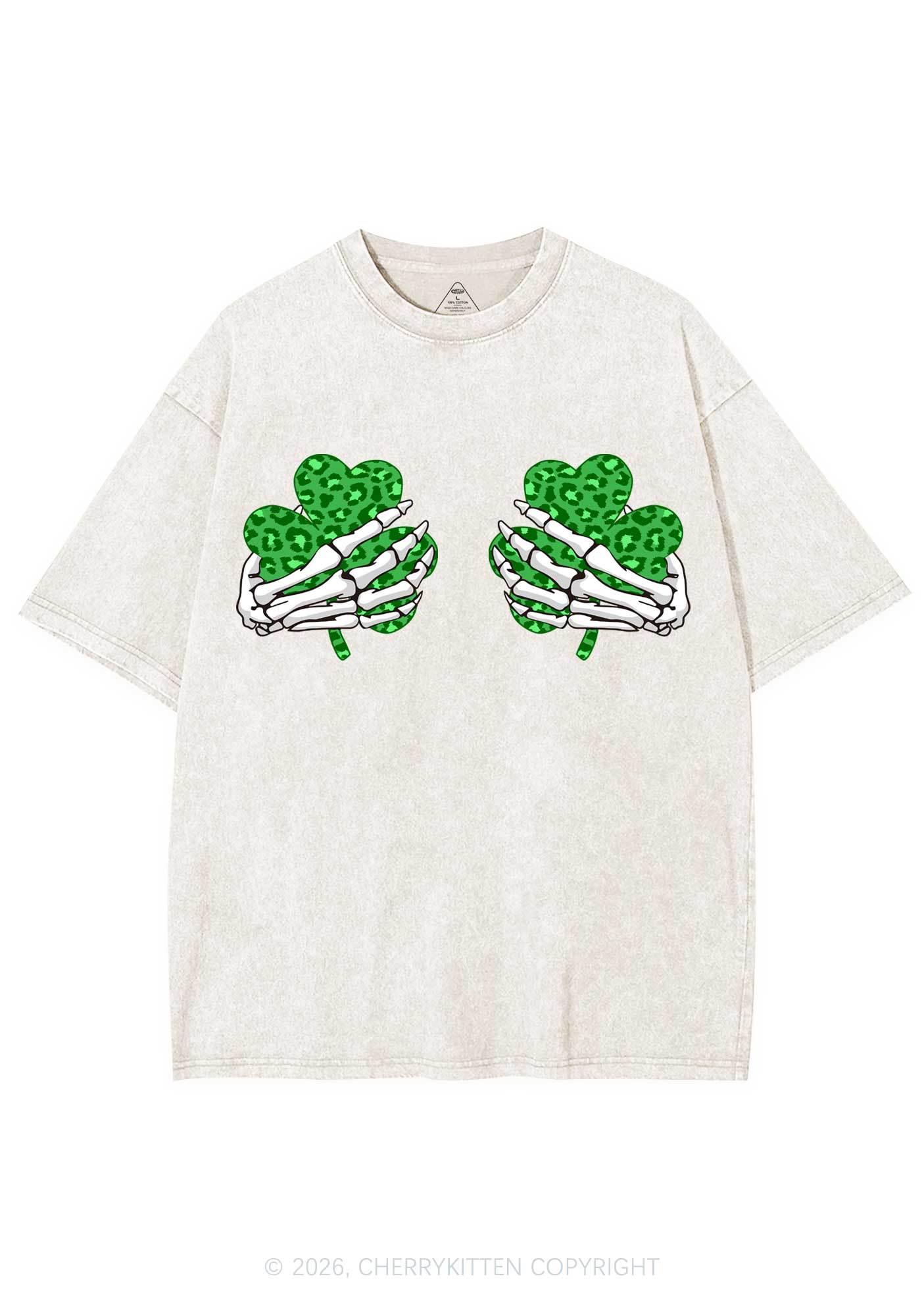 Skeleton Leopard Shamrock St Patricks Y2K Shirts Washed Tee Cherrykitten