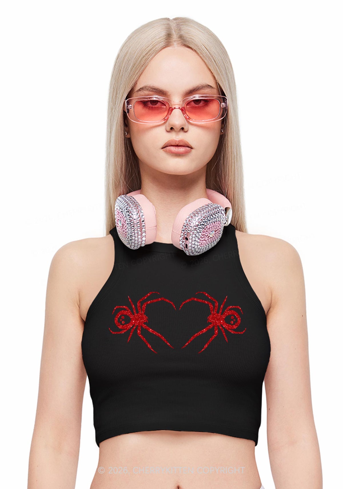 Glitter Skull Spider Y2K Crop Tank Top Cherrykitten