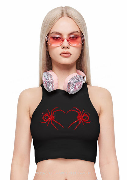 Glitter Skull Spider Y2K Crop Tank Top Cherrykitten
