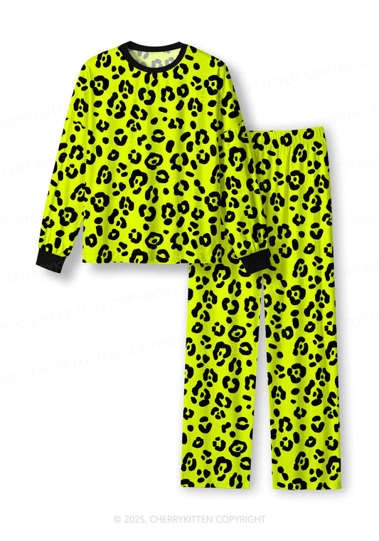 Neon Leopard Y2K Print Long Sleeve Pajama Set Cherrykitten