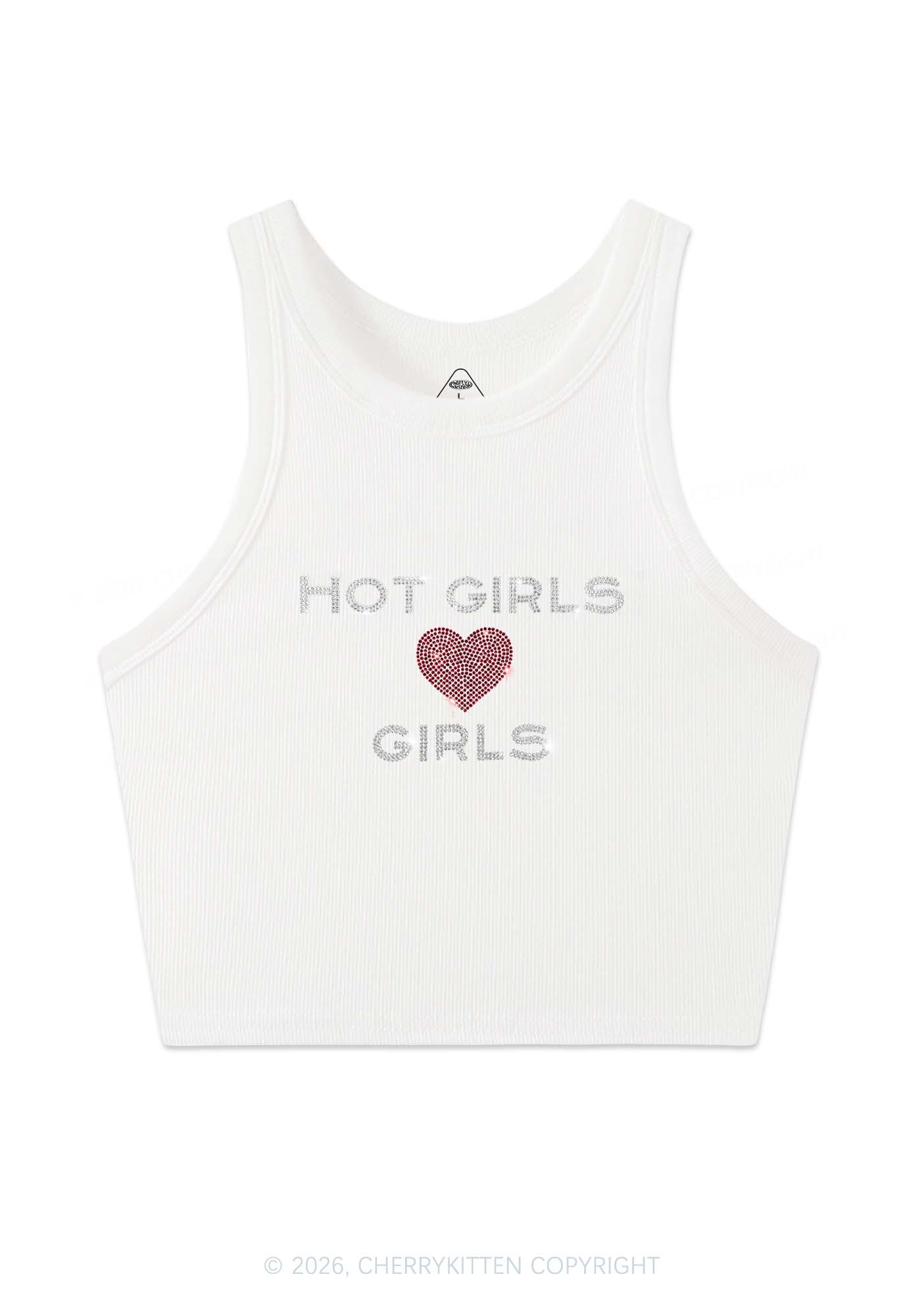 Rhinestone Hot Girls Love Girls Pride Y2K Crop Tank Top Cherrykitten