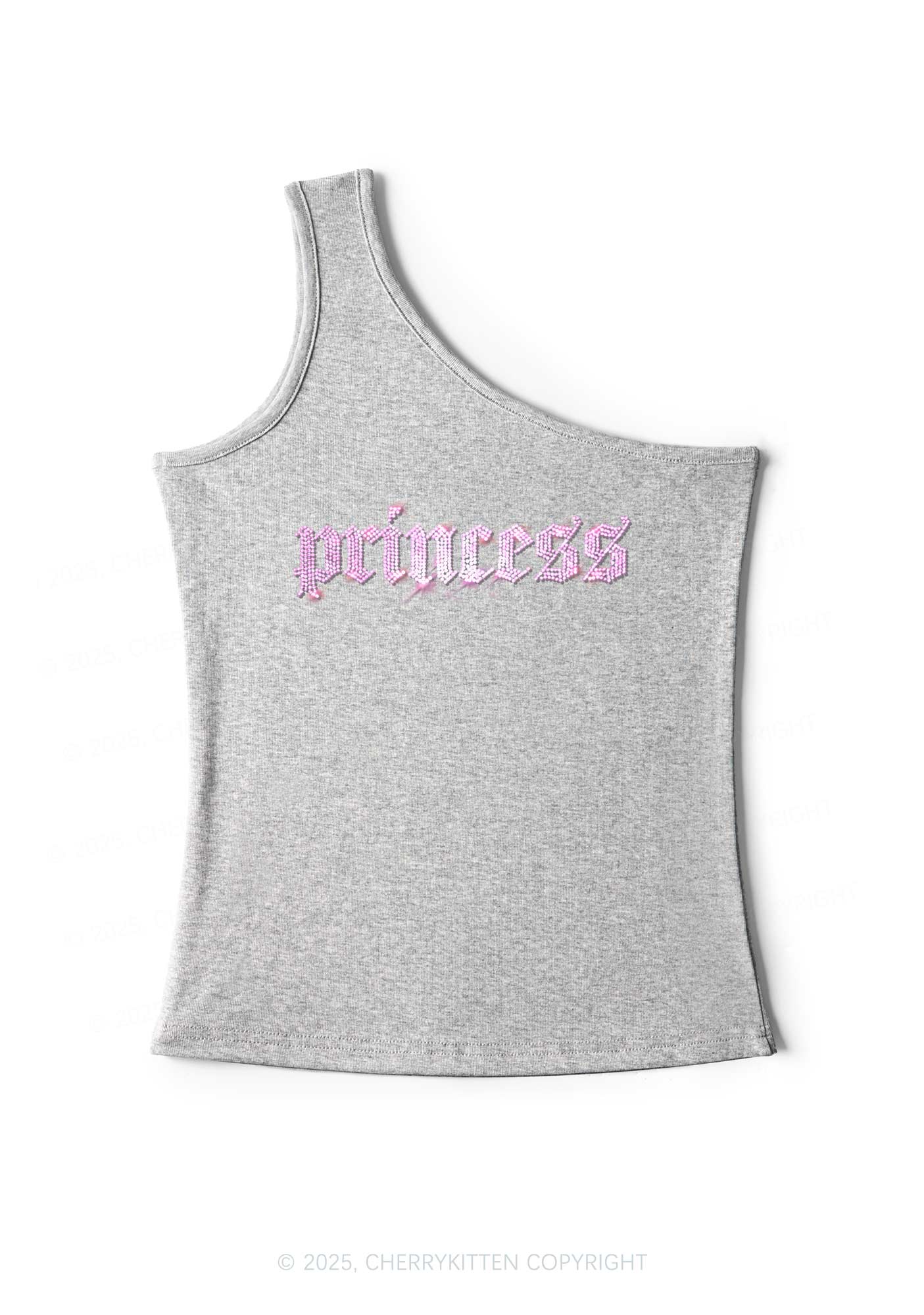 Rhinestone Princess Y2K One Shoulder Tank Top Cherrykitten