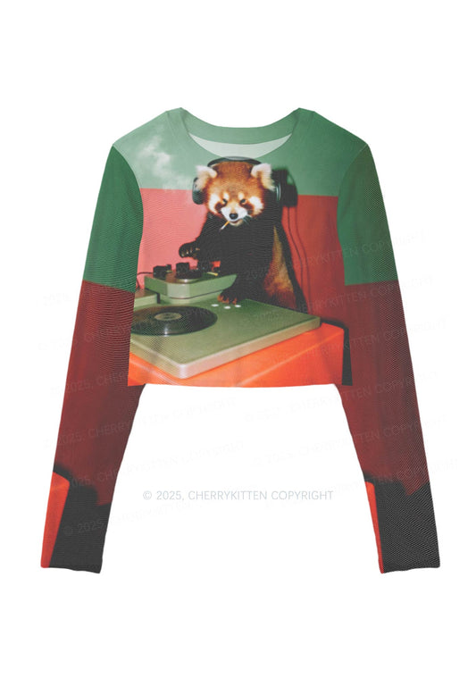 Red Panda Smoke Y2K Mesh Long Sleeve Crop Top Cherrykitten