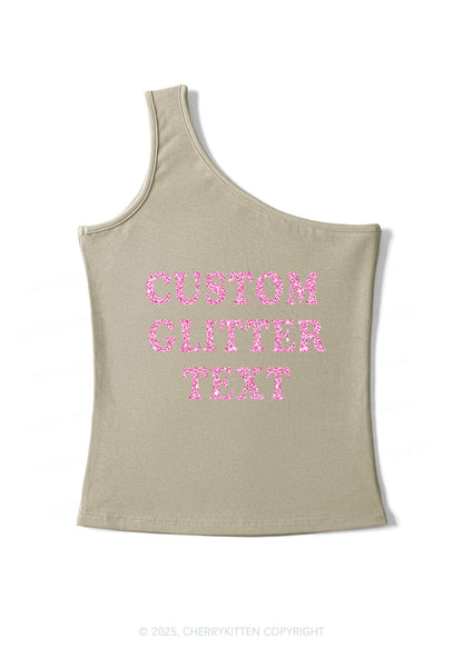 Custom Text Glitter Y2K One Shoulder Tank Top Cherrykitten