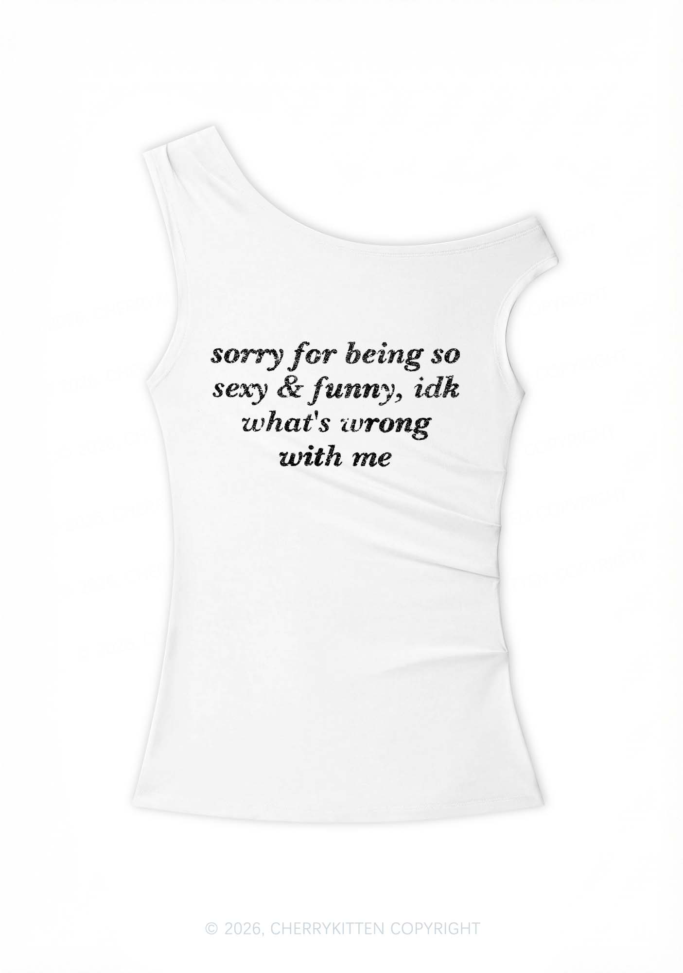Glitter Sorry For Being So Funny Y2K Off Shoulder Tank Top Cherrykitten