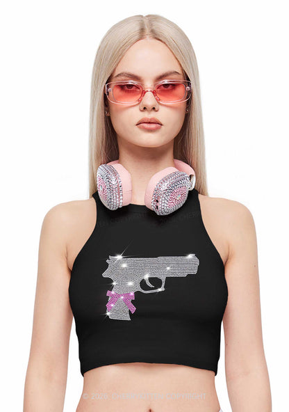Rhinestone Pink Bow Weapon Y2K Crop Tank Top Cherrykitten