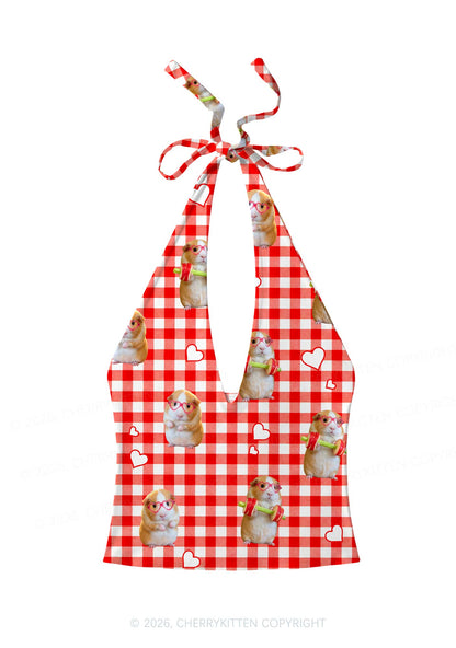 Gym Guinea Pig Red Plaid Y2K Print Halter Deep V Neck Cami Cherrykitten