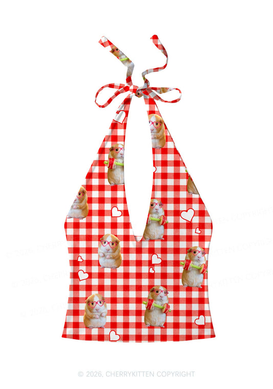 Gym Guinea Pig Red Plaid Y2K Print Halter Deep V Neck Cami Cherrykitten