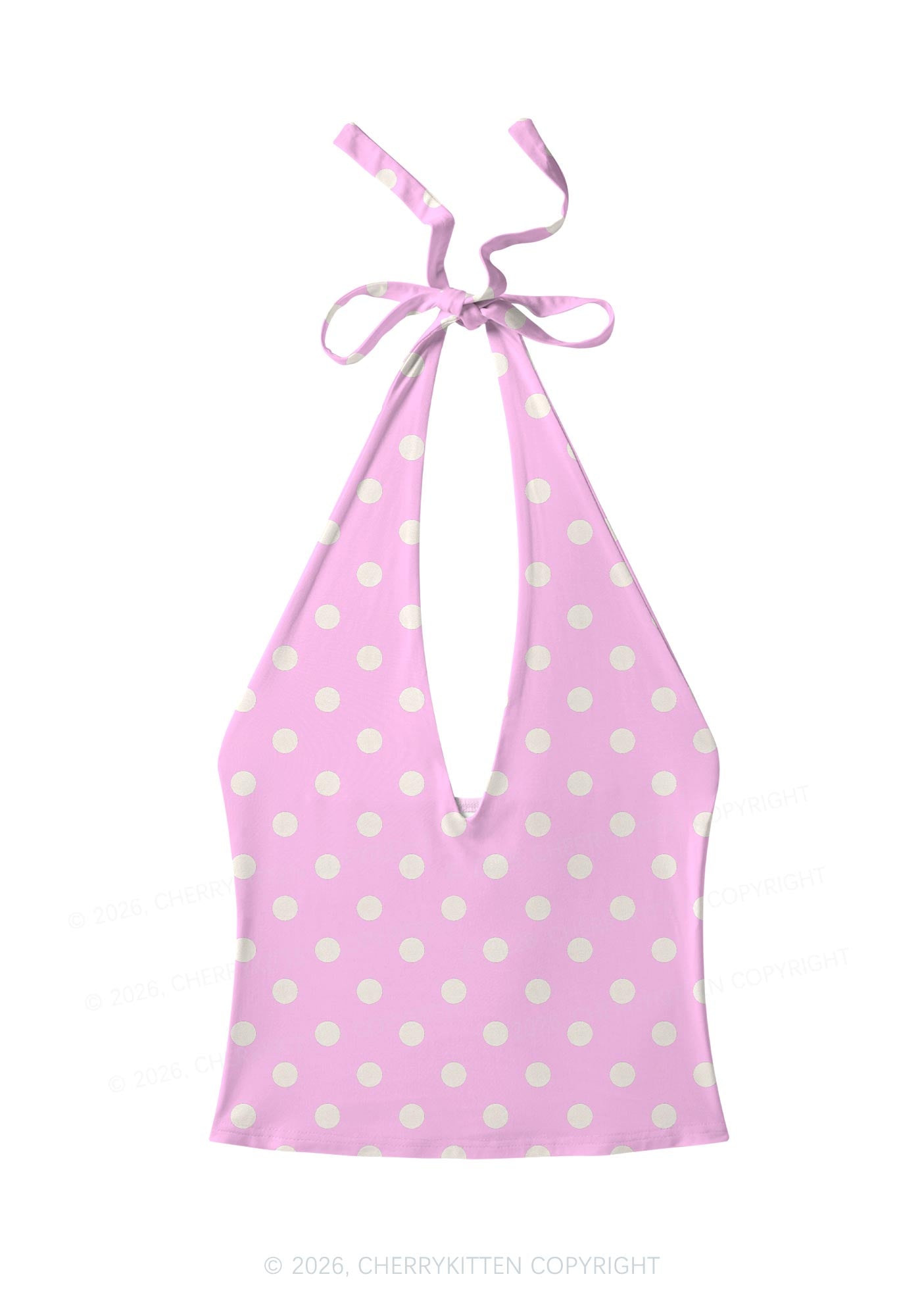 White Dots On Pink Y2K Print Halter Deep V Neck Cami Cherrykitten