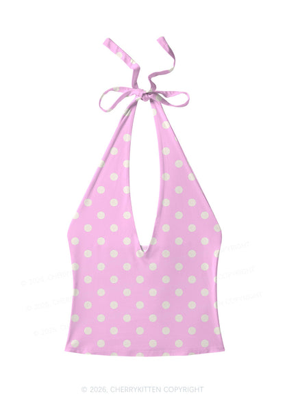 White Dots On Pink Y2K Print Halter Deep V Neck Cami Cherrykitten