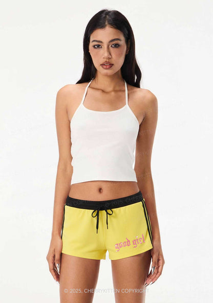 Rhinestone Pink Good Girl Y2K Drawstring Mini Shorts Cherrykitten