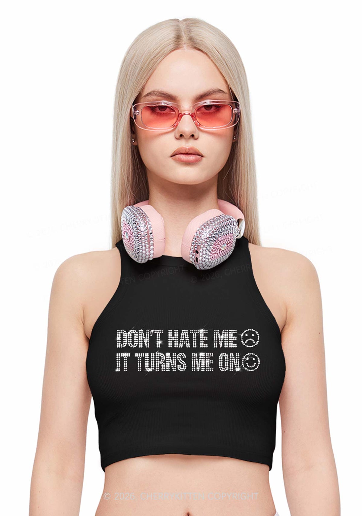 Rhinestone Dont Hate Me Y2K Crop Tank Top Cherrykitten