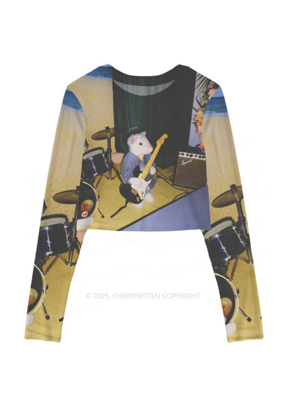 Hamster Rock Band Y2K Mesh Long Sleeve Crop Top Cherrykitten