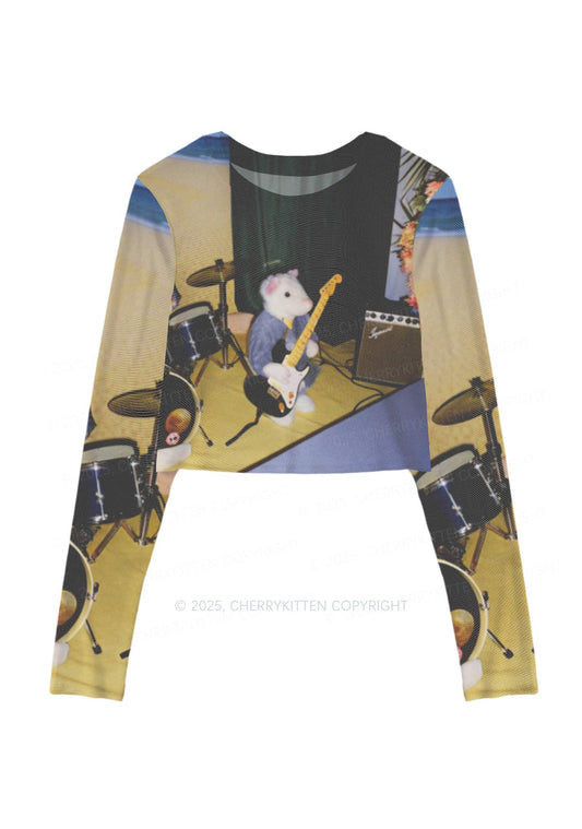 Hamster Rock Band Y2K Mesh Long Sleeve Crop Top Cherrykitten
