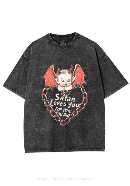 Satan Loves You Y2K Shirts Washed Tee Cherrykitten