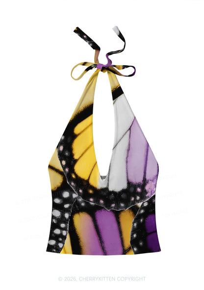 Nonbinary Butterfly Wing Pride Y2K Print Halter Deep V Neck Cami Cherrykitten