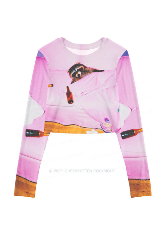 Pink Couch Raccoon Y2K Mesh Long Sleeve Crop Top Cherrykitten