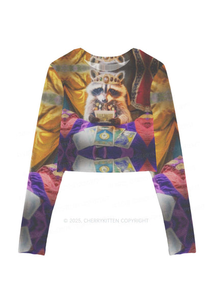 Tarot Raccoon Y2K Mesh Long Sleeve Crop Top Cherrykitten