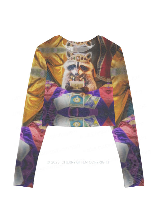 Tarot Raccoon Y2K Mesh Long Sleeve Crop Top Cherrykitten