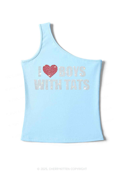 Rhinestone I Love Boys With Tats Y2K One Shoulder Tank Top Cherrykitten