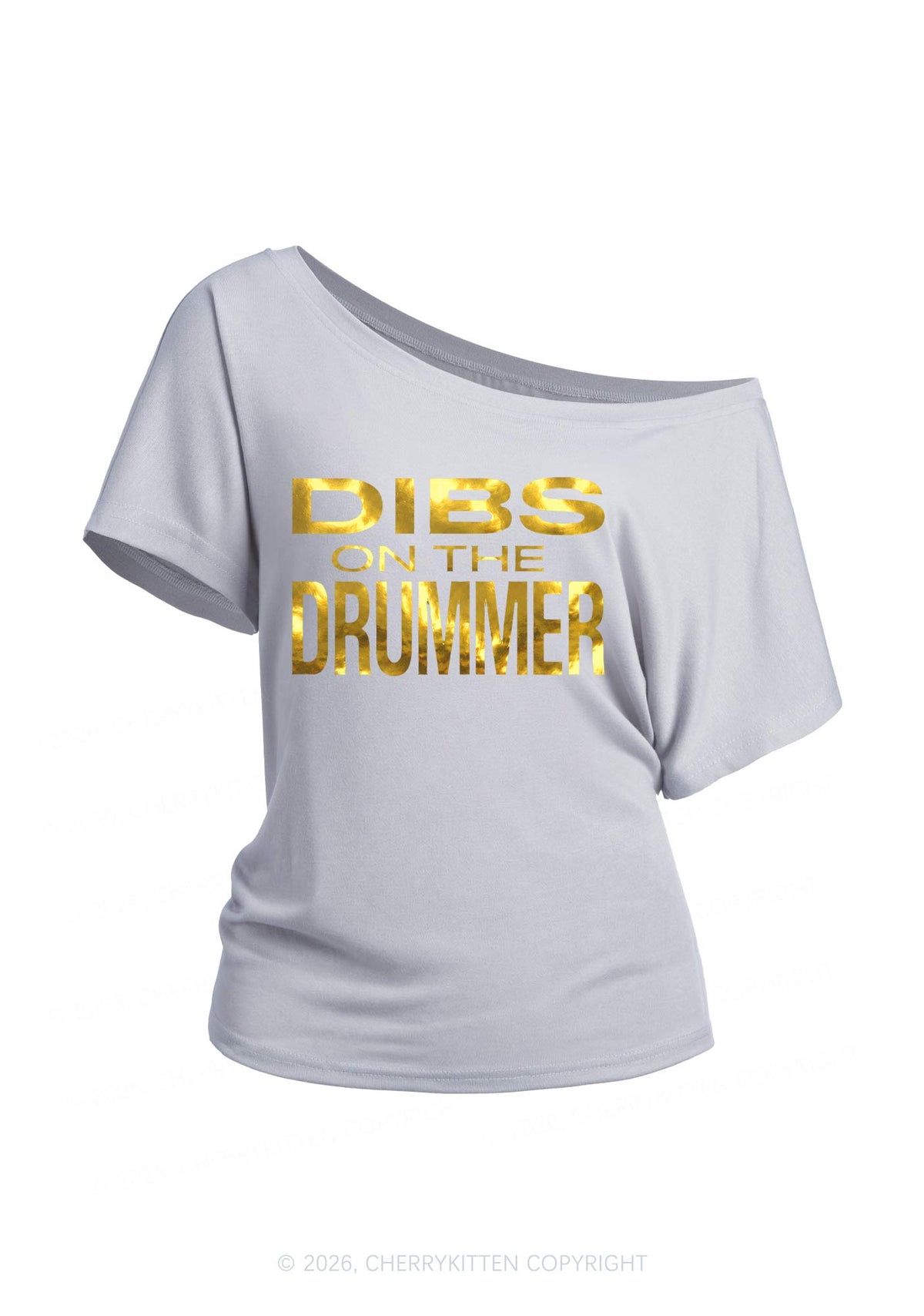 Dibs On The Drummer Silver Foil Printed Y2K Off Shoulder Tee Cherrykitten