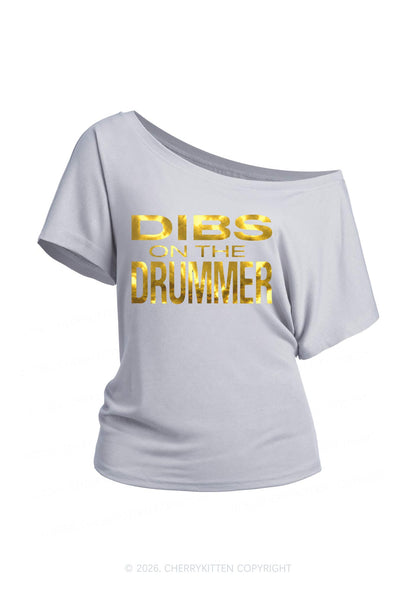 Dibs On The Drummer Silver Foil Printed Y2K Off Shoulder Tee Cherrykitten