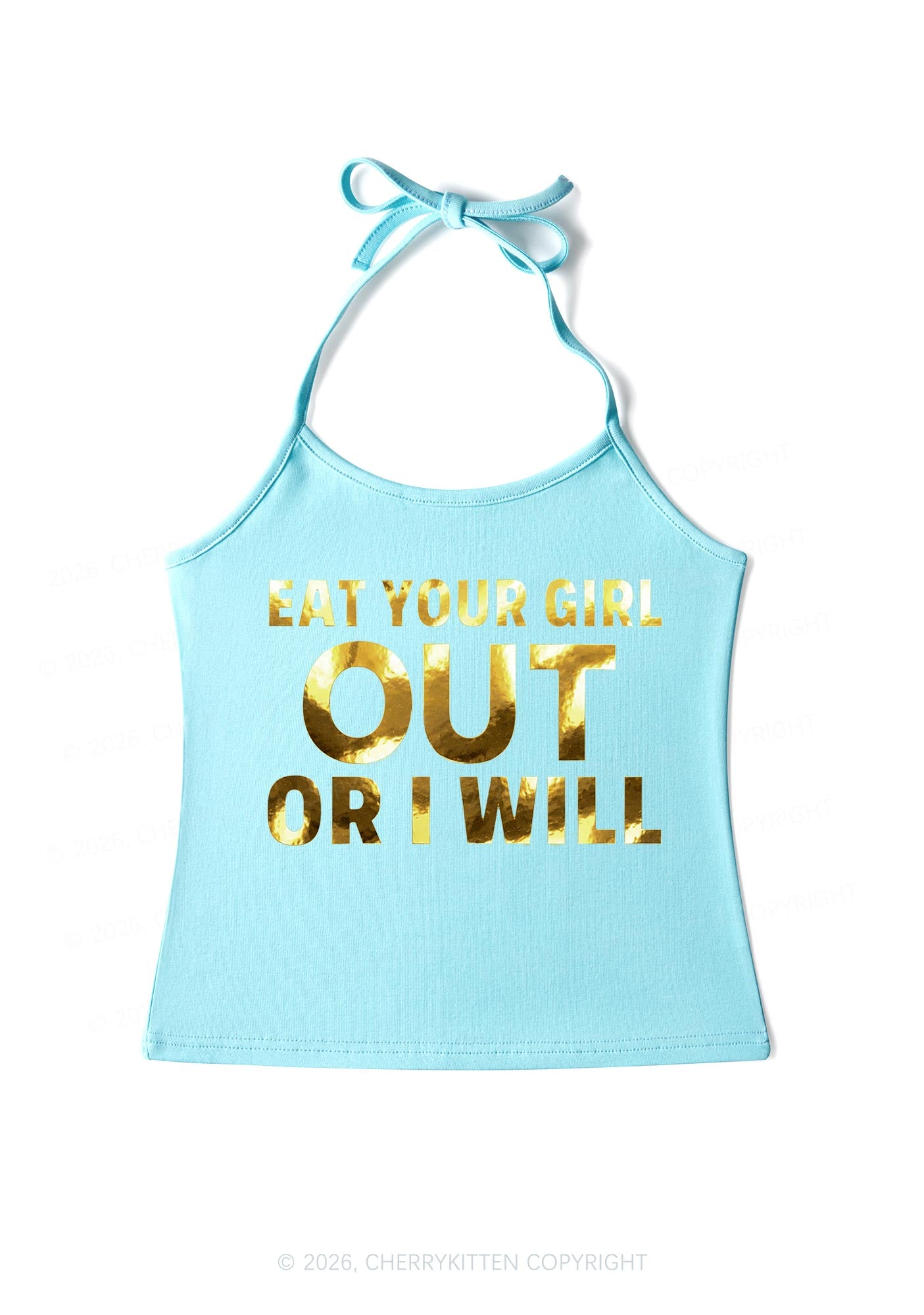Eat Your Girl Out Silver Foil Printed Y2K Halter Neck Cami Cherrykitten