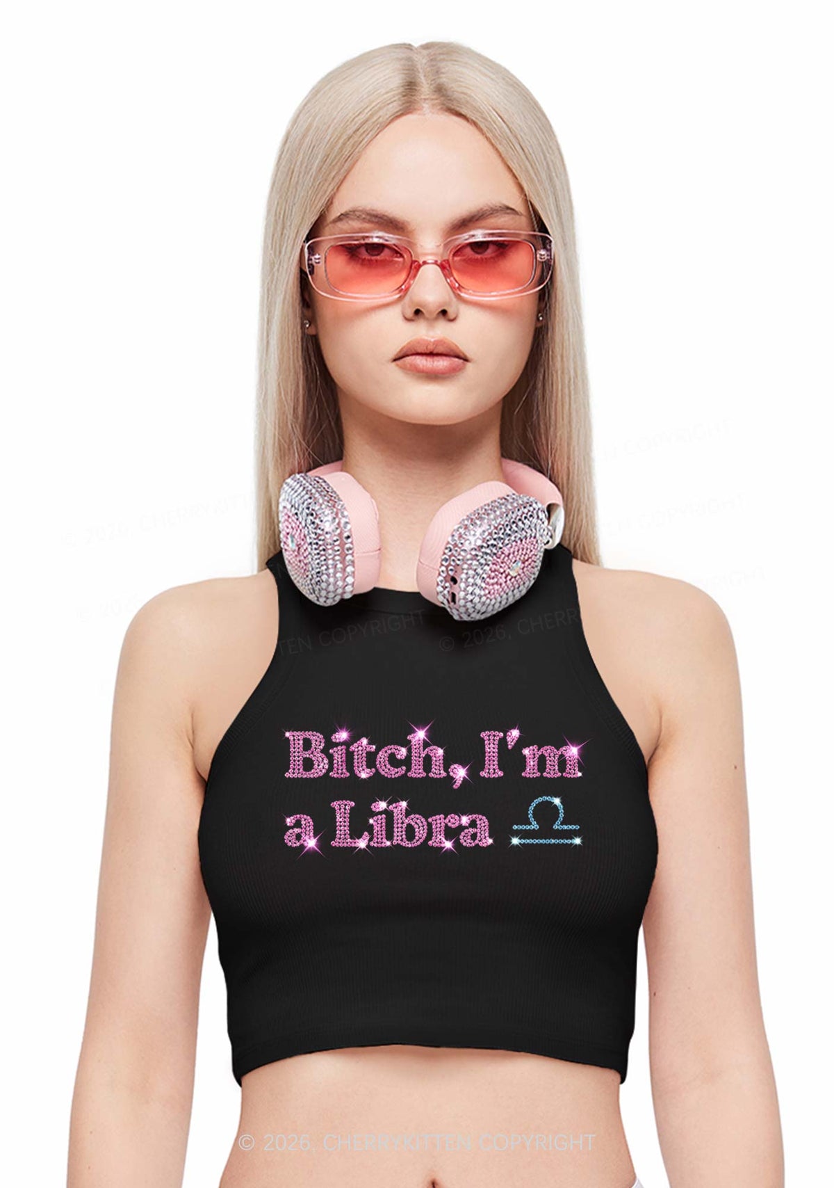 Rhinestone Bxxch Im A Libra Y2K Crop Tank Top Cherrykitten