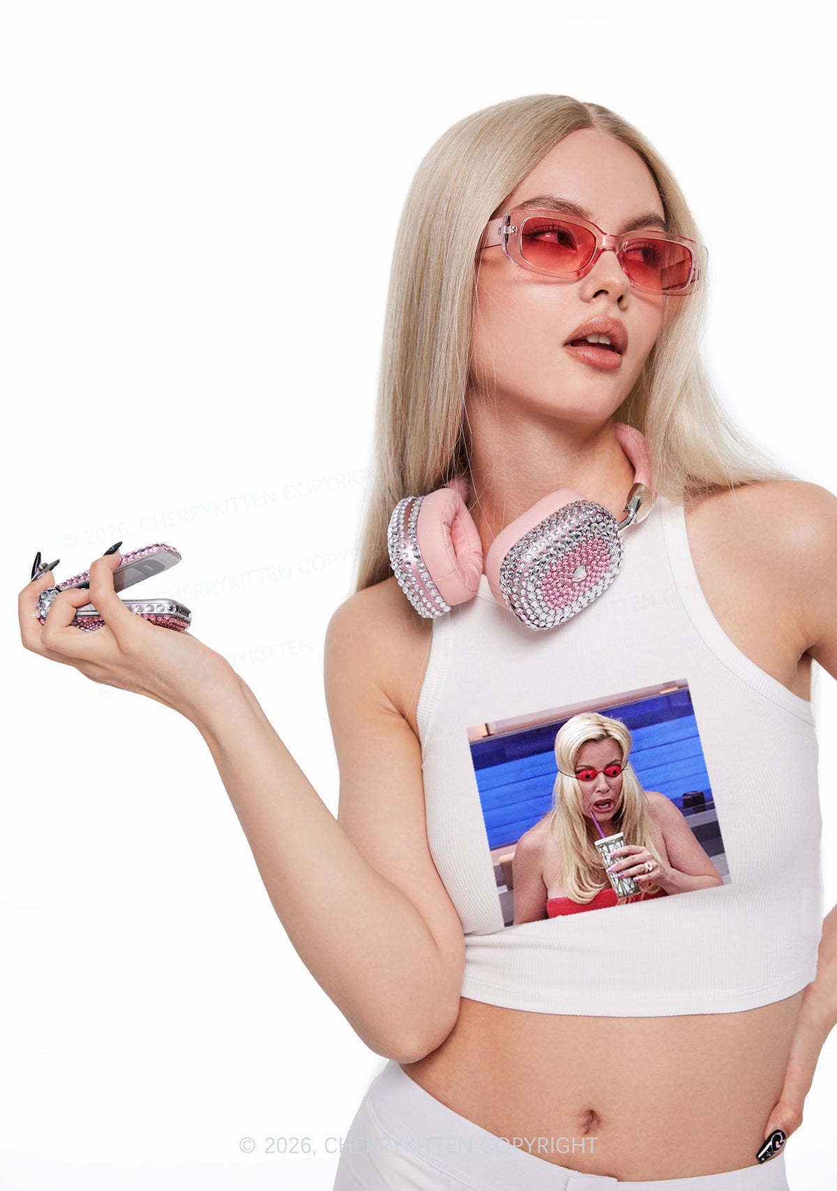 Red Eyeball Blonde Y2K Crop Tank Top Cherrykitten