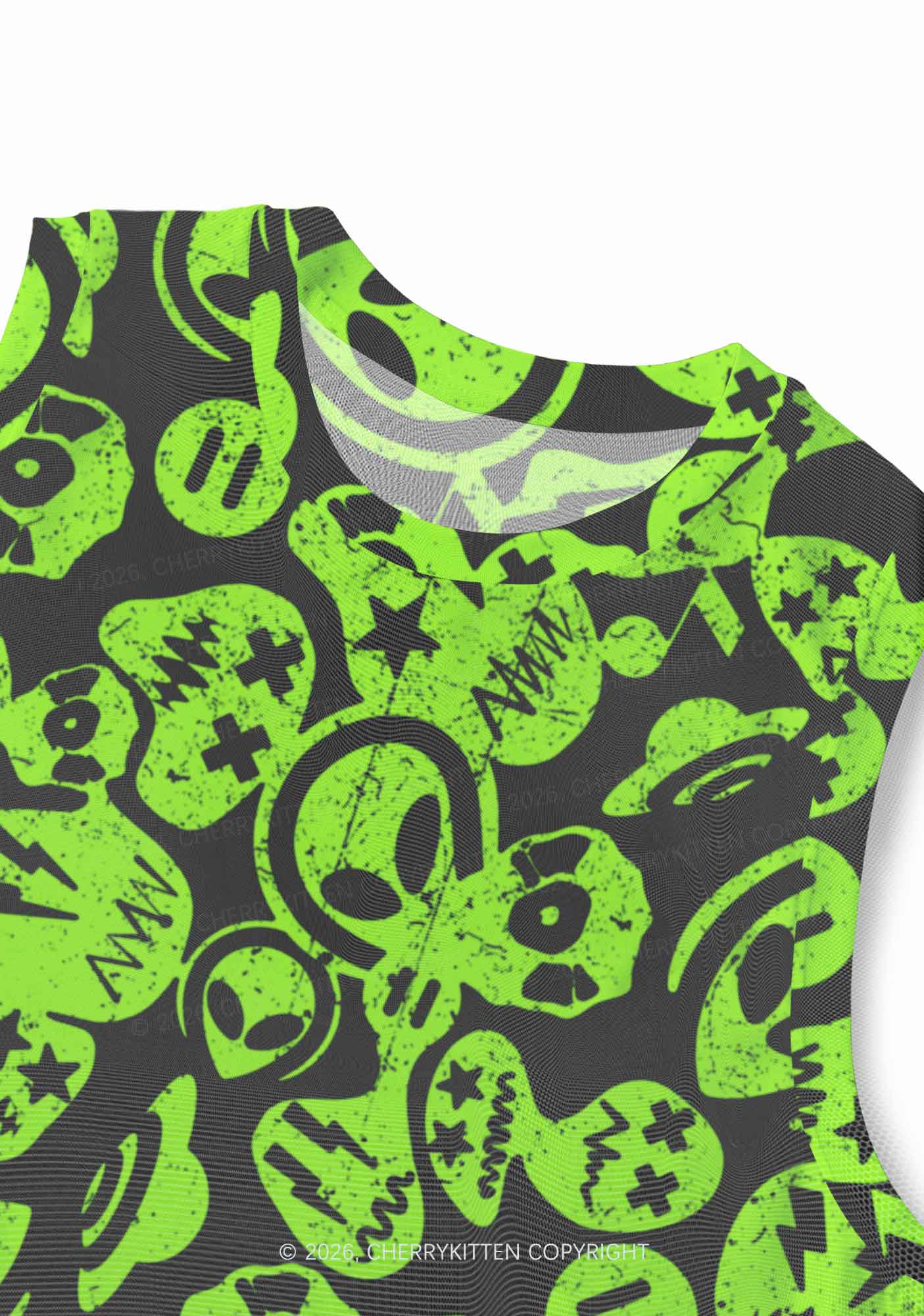 Green Alien Doodle Y2K Mesh Muscle Tank Cherrykitten