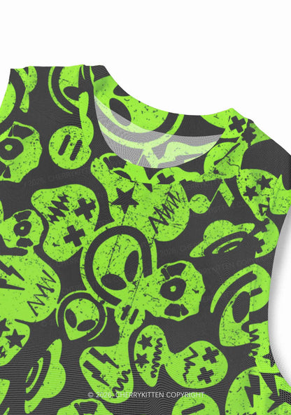 Green Alien Doodle Y2K Mesh Muscle Tank Cherrykitten