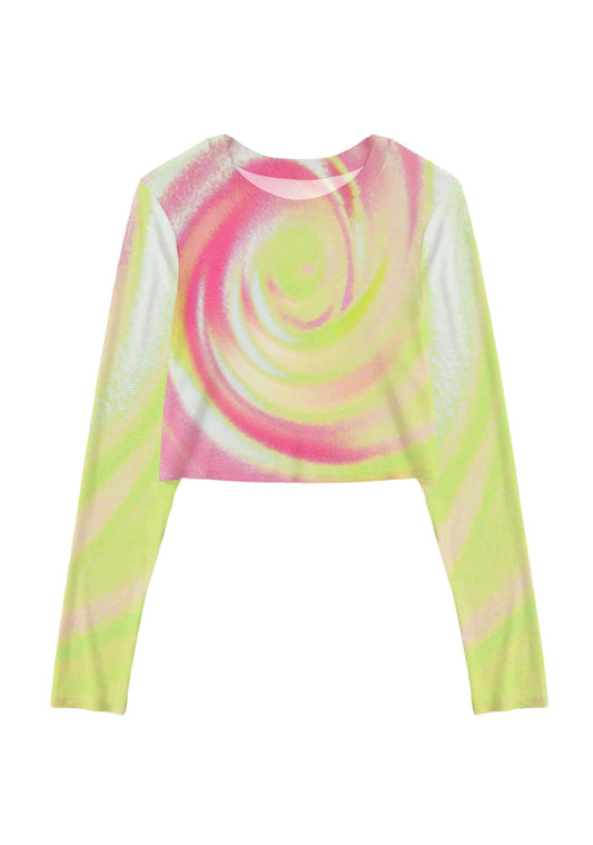 Pink Swirl Y2K Mesh Long Sleeve Crop Top Cherrykitten