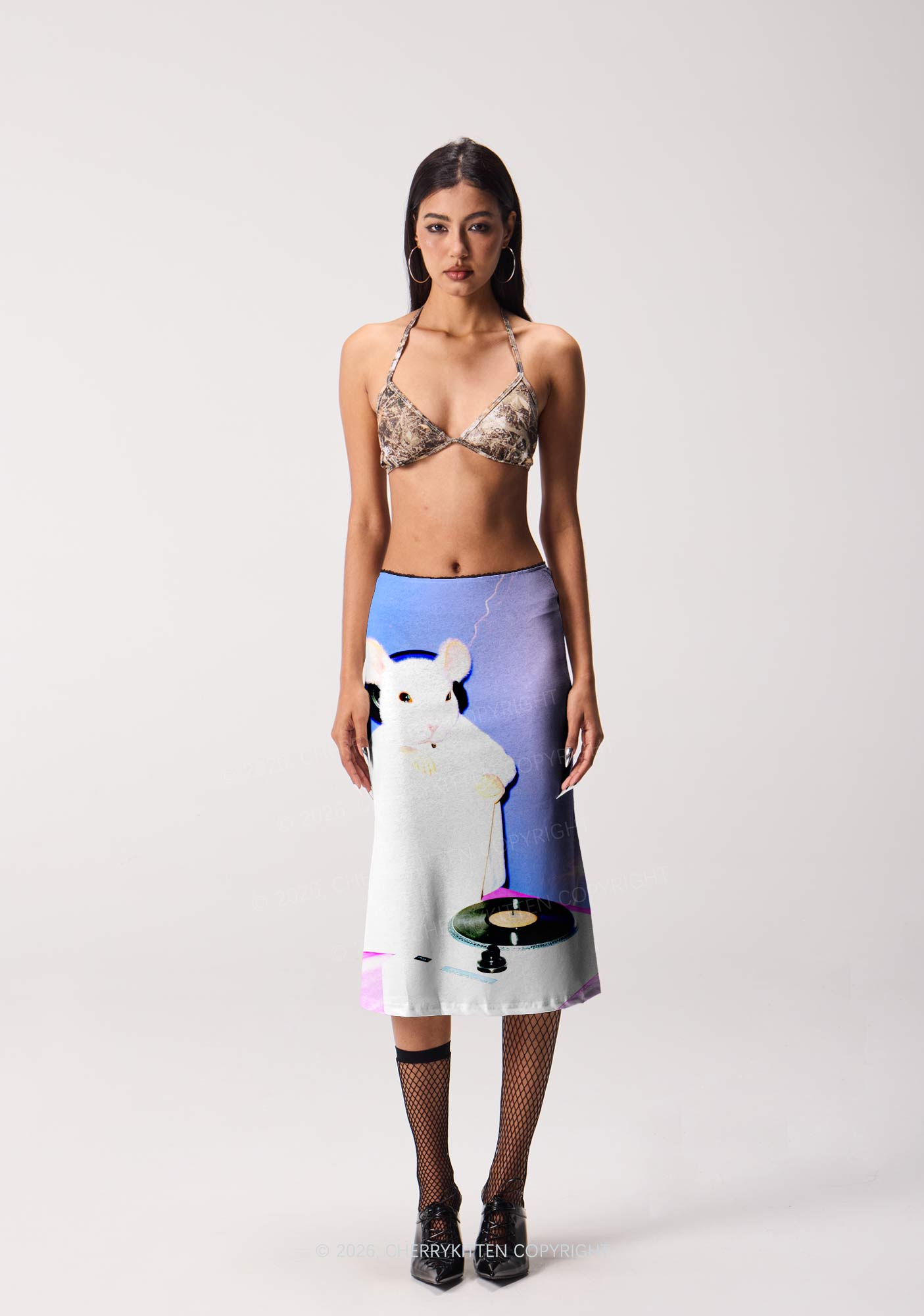 Neon Lightning DJ Rat Y2K Print Midi Skirt Cherrykitten
